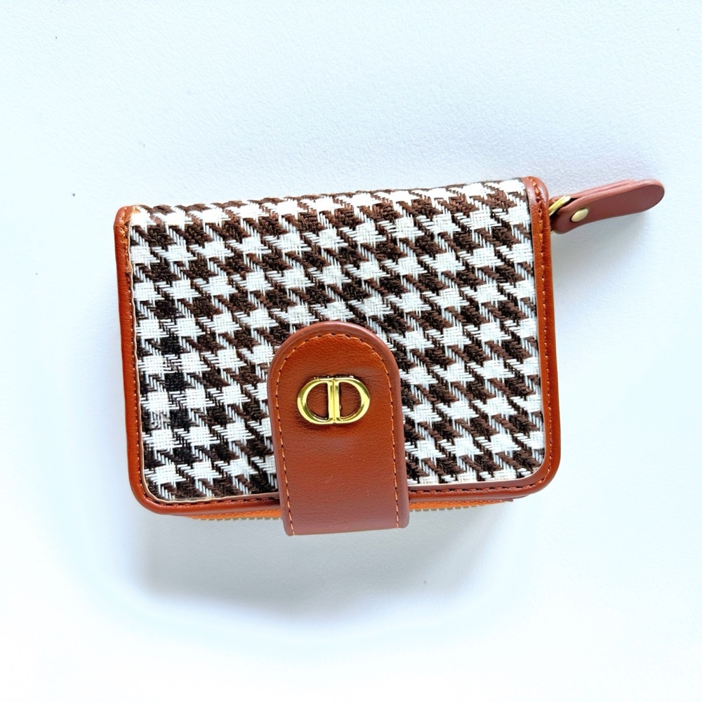 Brown Houndstooth Compact Accordion Wallet Faux Leather